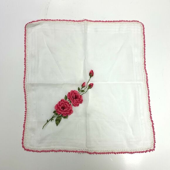 Embroidered Pink Roses Bridesmaid Handkerchief Wedding Cottage Core Granny Vtg - Picture 2 of 3